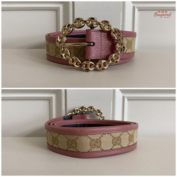 Authentic Gucci Pink Monogram Canvas Leather Gold Chain Buckle Belt Size 80/32 - Picture 3 of 14